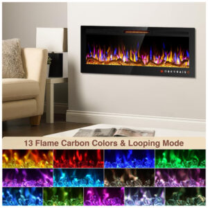 ectqtwnw4z9c0b_3 jpg - Lareira Elétrica de Embutir A46x152L cm com Controle Remoto, 13 Cores de Chama Ajustáveis e 5 Brilhos, 110V 1500W, Alpaca, Preta