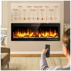ectqtwnw4z9c0b_4 jpg - Lareira Elétrica de Embutir A46x152L cm com Controle Remoto, 13 Cores de Chama Ajustáveis e 5 Brilhos, 110V 1500W, Alpaca, Preta