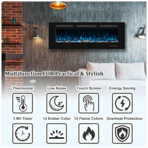 Lareira Elétrica de Embutir A45x182L Digital, Luz LED, Chamas Multicolorida e Temporizador, 1500W, 110v, OXHARK FLAME, Preto