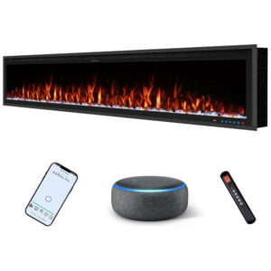 Lareira Elétrica de Embutir A42x223L cm com Controle Remoto por APP, Wi Fi, Chamas 3D Realistas, Temporizador, Toras e Cristais, 110V 1500W, Benrocks BI88Z, Preta