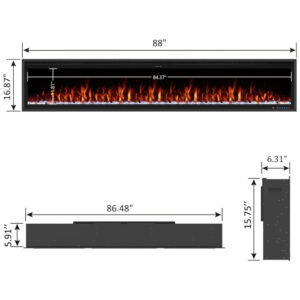 Lareira Elétrica de Embutir A42x223L cm com Controle Remoto por APP, Wi Fi, Chamas 3D Realistas, Temporizador, Toras e Cristais, 110V 1500W, Benrocks BI88Z, Preta