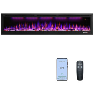 Lareira Elétrica de Embutir A45x194L cm com Temporizador, Controle Remoto, termostato e 9 Combinações de Cores, 110V 1500W, RODALFLAME RF BI74, Preta