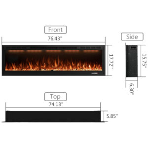 Lareira Elétrica de Embutir A45x194L cm com Temporizador, Controle Remoto, termostato e 9 Combinações de Cores, 110V 1500W, RODALFLAME RF BI74, Preta