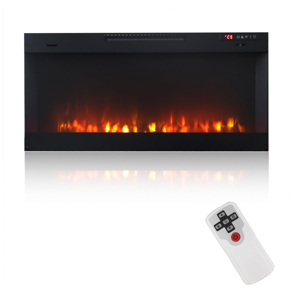Lareira Elétrica de Embutir A44x106L cm com Chamas Multicoloridas, Temporizador e Controle Remoto, 110V 1500W, Outdoor Privacy Screen, Preta