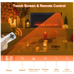 Lareira Elétrica de Embutir A44x106L cm com Chamas Multicoloridas, Temporizador e Controle Remoto, 110V 1500W, Outdoor Privacy Screen, Preta