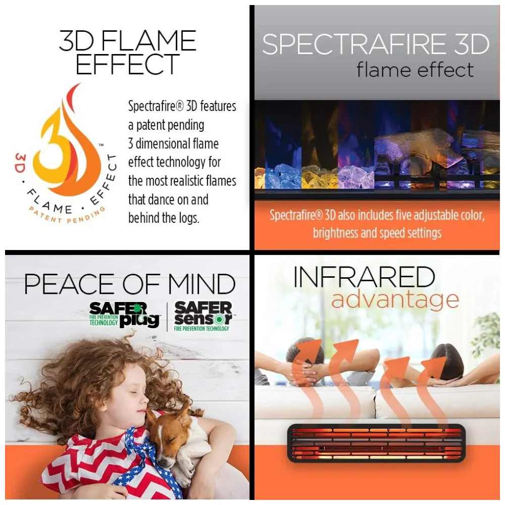 Lareira Elétrica de Embutir A60x50L cm com Efeito de Chama 3D, Configurações de Brilho e Velocidade Ajustáveis, 110V 1500W, ClassicFlame, Preta