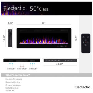 Lareira Elétrica de Embutir A45x127L com Controle Remoto e Temporizador, 110V, Electactic, Preta