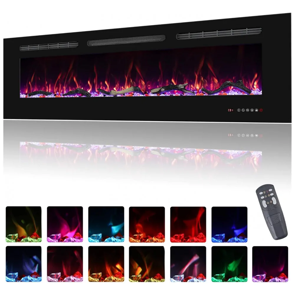 Lareira Elétrica de Embutir A44x152L com Temporizador e Chamas Realista, 110V 1500W, Oxhark, Preta