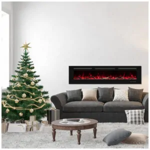Lareira Elétrica de Embutir A44x152L com Temporizador e Chamas Realista, 110V 1500W, Oxhark, Preta