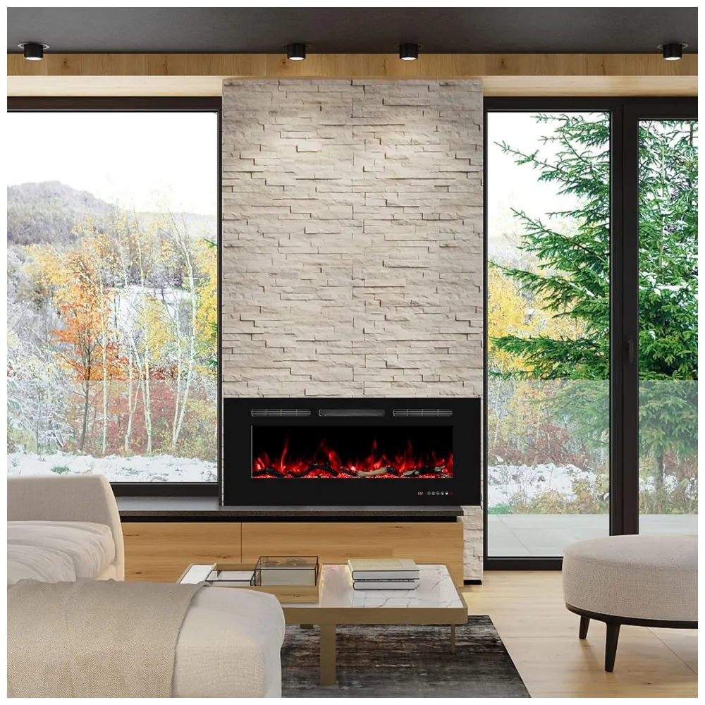 Lareira Elétrica de Embutir A44x152L com Temporizador e Chamas Realista, 110V 1500W, Oxhark, Preta