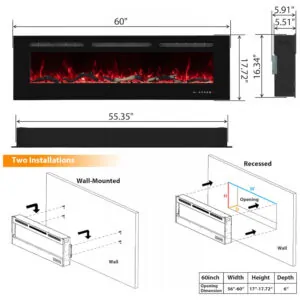 Lareira Elétrica de Embutir A44x152L com Temporizador e Chamas Realista, 110V 1500W, Oxhark, Preta