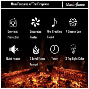 Lareira Elétrica Masar Flame de Embutir A69x109L com Controle Remoto, Luz de LED e Som de Fogo, 1500W, 110v, MASARFLAME, Preto