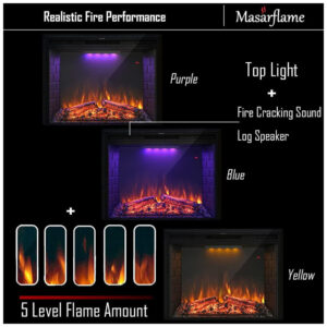 Lareira Elétrica Masar Flame de Embutir A69x109L com Controle Remoto, Luz de LED e Som de Fogo, 1500W, 110v, MASARFLAME, Preto