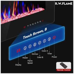 Lareira Elétrica de Embutir A45x91L, com Controle Remoto e Luz de LED Tela Sensível ao Toque, 500W, 110v, R.W.FLAME 1, Preto