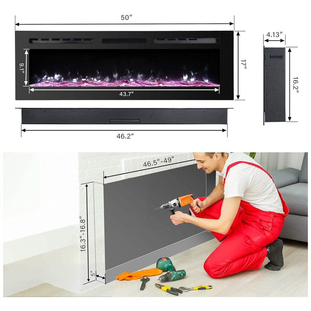 ectqy7lhtjf90b_4 jpg - Lareira Elétrica de Embutir A54x127L Digital, Luz LED, Chamas Multicolorida e Temporizador, 1500W, 110v, HOMAJOR, Preto