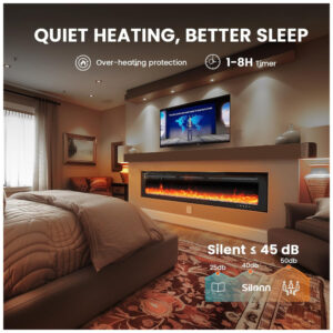 Lareira Elétrica de Embutir Ultrafina A43x152L cm com 20 Cores de Chama, Saída de Calor de 5300 BTU, Temporizador, Controle Remoto e APP, 110V 1400W, Silonn, Preta