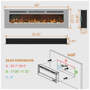 ectqybflvryb0b_5 jpg - Lareira Elétrica de 152 cm, Embutida ou de Parede, Aquecedor Linear com Termostato,Tela Touch,Chama Multicolorida,Timer, Troncos e Cristais, Kentsky