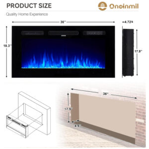 ectqyjm25q8d0b_4 jpg - Lareira Elétrica oneinmil 91cm, Embutida na Parede c LED, 12 Chamas e Cores, Timer Ajustável, Controle Remoto com Tela Aconchego Garantido