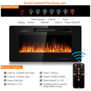 ectqyjzg5q980b_6 jpg - Lareira Elétrica Tangkula de 91 cm, Embutida ou de Parede, com LED Touch, Controle Remoto, Chamas Ajustáveis em Cor e Velocidade