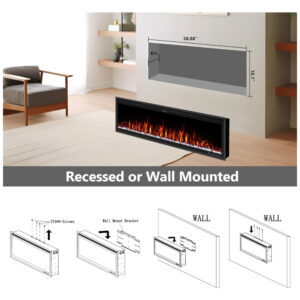 Lareira Elétrica de Embutir A42x152L cm com Controle Remoto por APP, Wi Fi, Slim Recessed e 13 Cores de Chama, 110V 1500W, Benrocks BR01BIZ60A, Preta