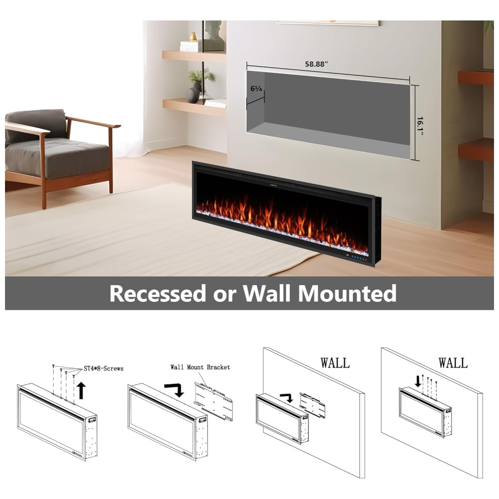 Lareira Elétrica de Embutir A42x152L cm com Controle Remoto por APP, Wi Fi, Slim Recessed e 13 Cores de Chama, 110V 1500W, Benrocks BR01BIZ60A, Preta