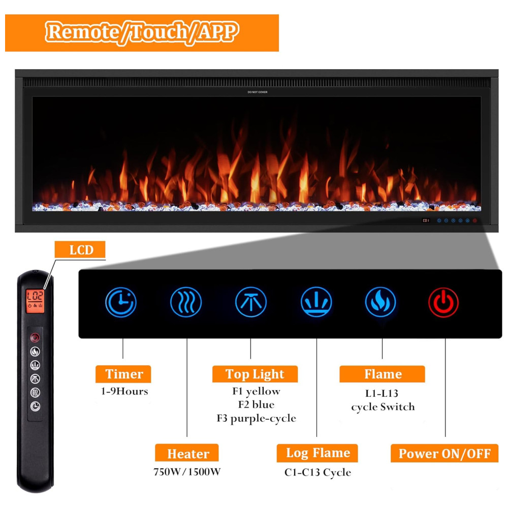 Lareira Elétrica de Embutir A42x152L cm com Controle Remoto por APP, Wi Fi, Slim Recessed e 13 Cores de Chama, 110V 1500W, Benrocks BR01BIZ60A, Preta