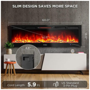 Lareira Elétrica de Embutir A45x152L com Controle Remoto, Crepitação de Som e APP, 110V 1500W, TURBRO, Preta