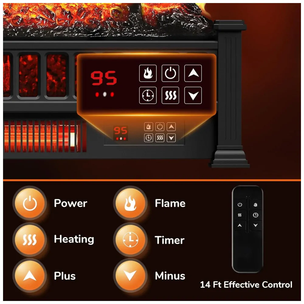 Lareira Elétrica Riseon 51x30x23cm 1500W Chamas LED Troncos Portátil 110V