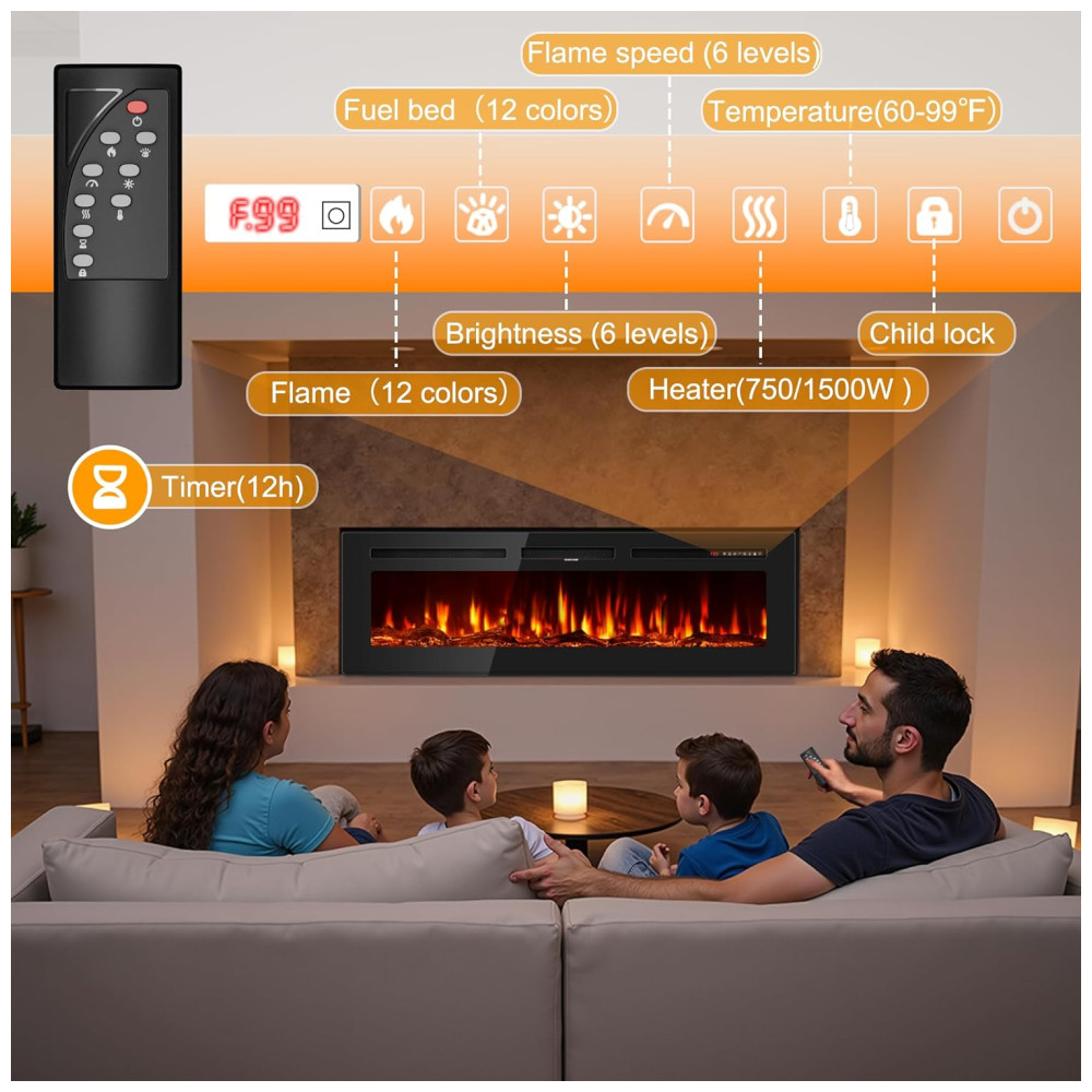 Lareira Elétrica Tehanld 127x43cm 1500W Chamas LED 144 Cores Embutir 110V
