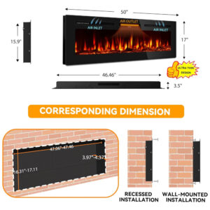 Lareira Elétrica Tehanld 127x43cm 1500W Chamas LED 144 Cores Embutir 110V