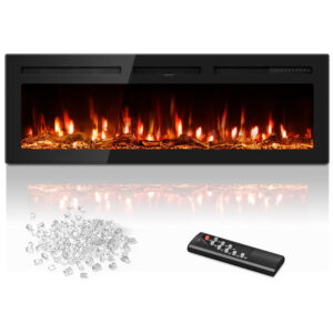 Lareira Elétrica de 152 cm, Embutida ou de Parede, Controle Remoto, Aquecedor 1500 750W 15 37 C , 12 Cores Ajustáveis, Timer, Troncos,Manastin