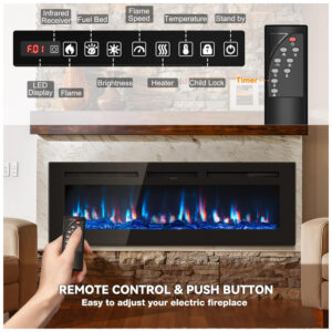 Lareira Elétrica de 152 cm, Embutida ou de Parede, Controle Remoto, Aquecedor 1500 750W 15 37 C , 12 Cores Ajustáveis, Timer, Troncos,Manastin