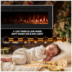 Lareira Elétrica de 152 cm, Embutida ou de Parede, Controle Remoto, Aquecedor 1500 750W 15 37 C , 12 Cores Ajustáveis, Timer, Troncos,Manastin