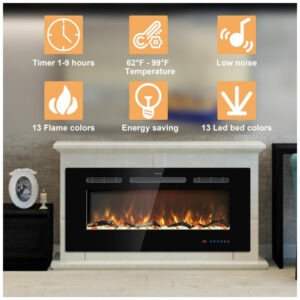 Lareira Elétrica de Embutir A44x99L com Controle Remoto, Tela Sensível ao Toque e Chamas Multicoloridas, 110V 1500W, Kentsky, Preta