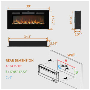Lareira Elétrica de Embutir A44x99L com Controle Remoto, Tela Sensível ao Toque e Chamas Multicoloridas, 110V 1500W, Kentsky, Preta