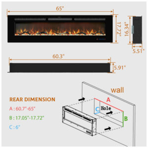 ectqzxx2v83b0b_5 jpg - Lareira Elétrica de Embutir A44x165L com Controle Remoto e Tela Sensível ao Toque, 110V 1500W, Kentsky, Preta