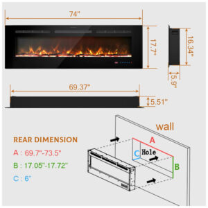 ectqzy5bh2jc0b_4 jpg - Lareira Elétrica de Embutir A44x187L cm com Controle de Temperatura, Chamas Multicoloridas, Temporizador e Controle Remoto, 110V 1500W, Kentsky, Preta