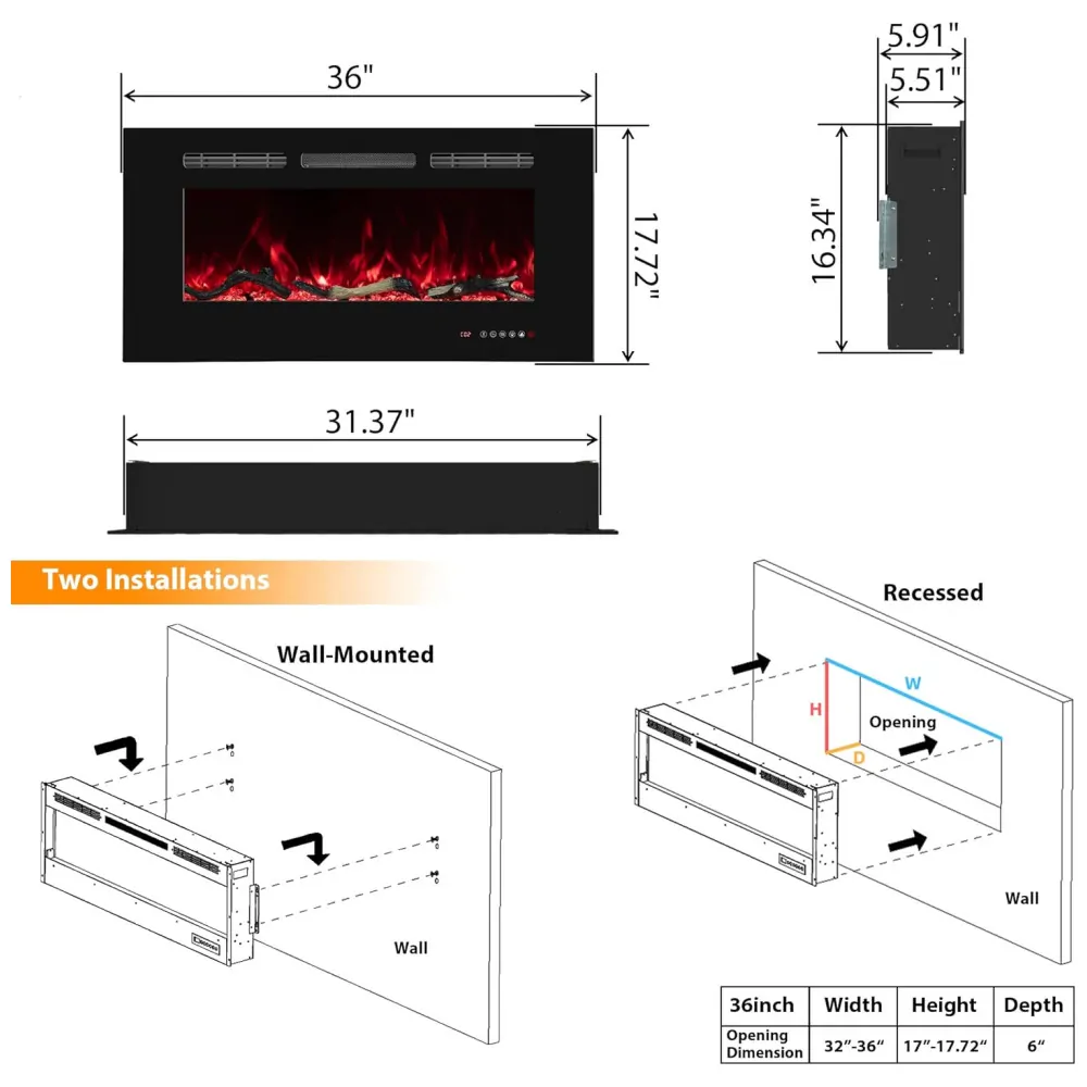 Lareira Elétrica de Embutir A44x91L com Temporizador e Chamas Realista, 110V 1500W, Oxhark, Preta