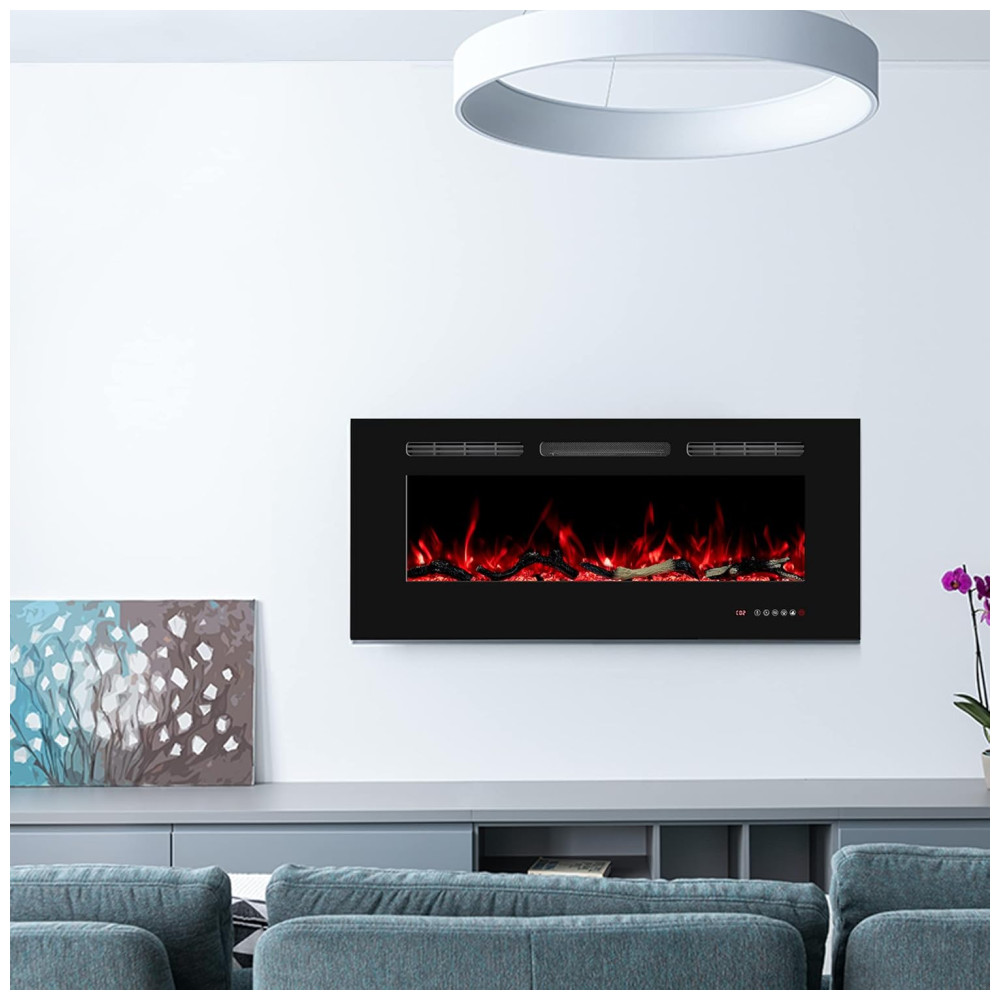 Lareira Elétrica de Embutir A44x91L com Temporizador e Chamas Realista, 110V 1500W, Oxhark, Preta