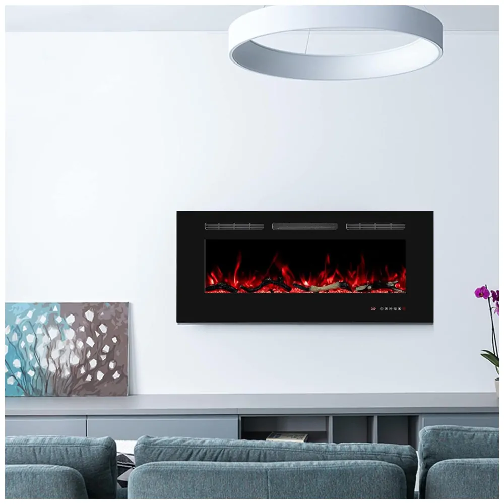 Lareira Elétrica de Embutir A44x91L com Temporizador e Chamas Realista, 110V 1500W, Oxhark, Preta