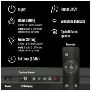 ectqr833n78d0b_7 jpg - Lareira Elétrica Westinghouse de 127cm, Compatível com Assistente Virtual, Instalação na Parede ou Embutida, Timer 24h, Efeito de Chamas Personalizável