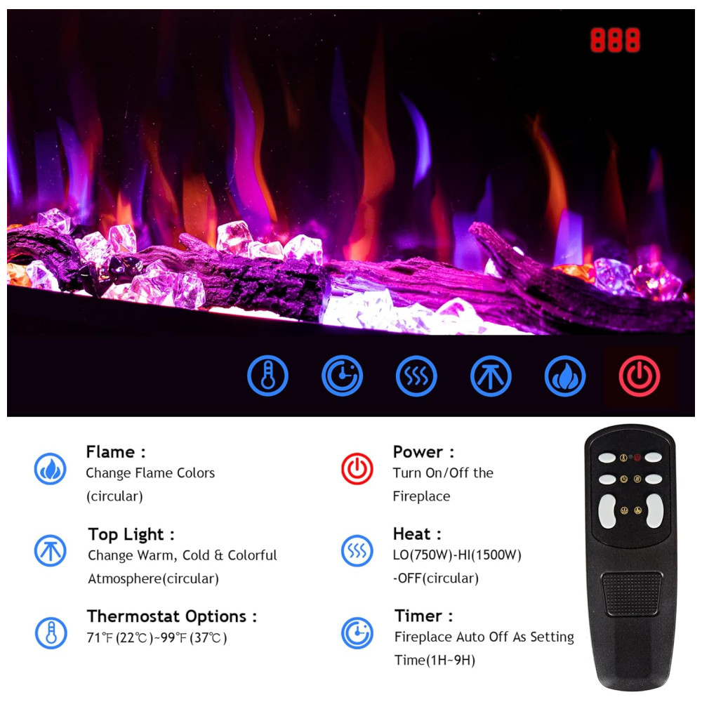 ectqvtnxgqq90b_3 jpg - Lareira Elétrica de Embutir A45x194L com Controle Remoto e Chamas Multicolorida, 110V, Dreamflame, Preta