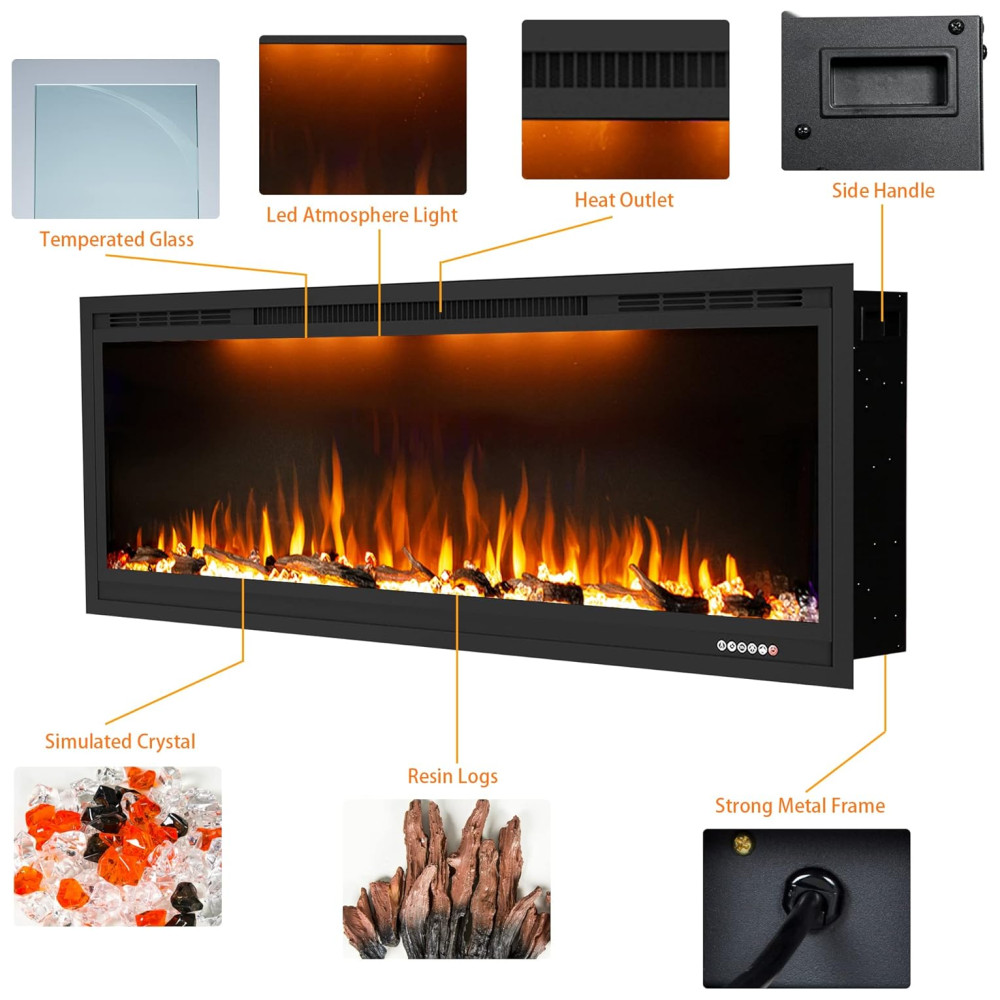 ectqvtnxgqq90b_6 jpg - Lareira Elétrica de Embutir A45x194L com Controle Remoto e Chamas Multicolorida, 110V, Dreamflame, Preta