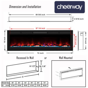 ectqysgbvtw90b_6 jpg - Lareira Elétrica de Embutir A45x182L com Controle Remoto e Chamas Multicolorida, 110V, Cheerway, Preta