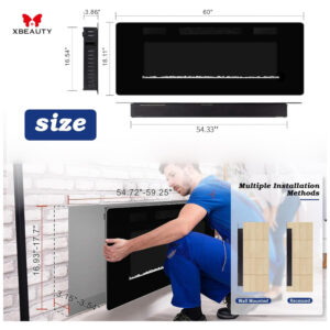 Lareira Elétrica de Embutir A45x127L com Temporizador, Chamas Multicoloridas e Tela Sensível ao Toque, Xbeauty, Preta