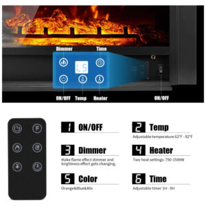 Lareira Elétrica de Embutir A53x72L com Controle Remoto e Temporizador, 110V, YODOLLA, Preta