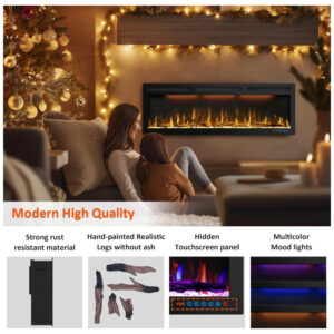 Lareira Elétrica de Embutir A44x101L com Controle Remoto e Chamas Multicolorida, 110V 1500W, Dreamflame, Preta