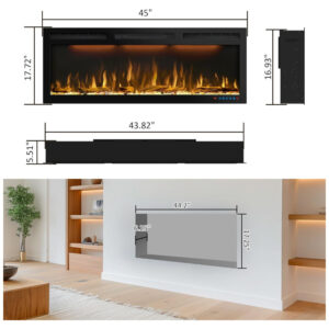 Lareira Elétrica de Embutir A44x101L com Controle Remoto e Chamas Multicolorida, 110V 1500W, Dreamflame, Preta