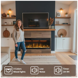 Lareira Elétrica de Embutir A44x101L com Controle Remoto e Chamas Multicolorida, 110V 1500W, Dreamflame, Preta