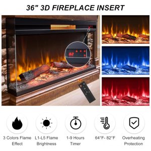 Lareira Elétrica OKD 132,08 cm com Suporte, Lareira Independente Aquecedora com Vidro de 3 Lados para TVs de até 65 ,